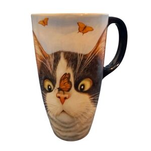 2016 Hugo Hege 18 oz. Ceramic Latte Mug By Lowell Herrero - Cat & Butterflies
